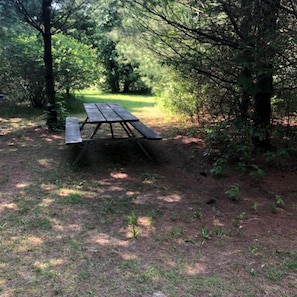 A picnic table in a wooded area. - Beautiful Ontario Glamping Tent Along Lynn River (Port Dover)