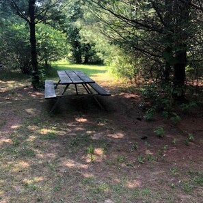 Ein Picknicktisch in einem bewaldeten Gebiet.