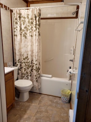 A bathroom with a toilet, a bathtub, and a shower curtain with a leaf pattern.