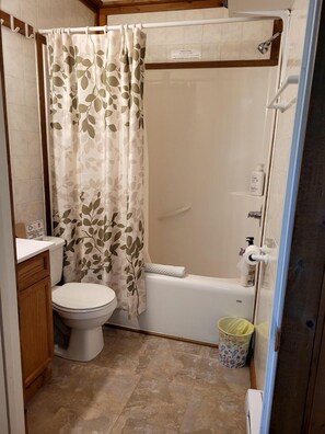 Jetted bath, hair dryer, towels, soap