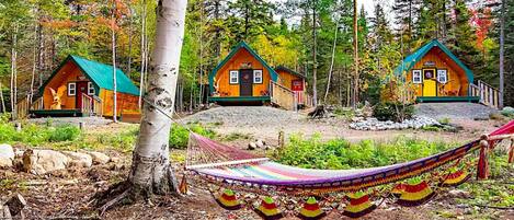 A row of cabins with a hammock in the foreground.