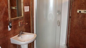 Een badkamer met een witte wastafel, een toilet en een douchecabine met glazen wanden.