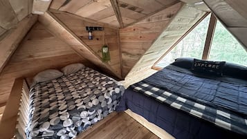 A wooden cabin interior with two beds, a hanging plant, and a window.