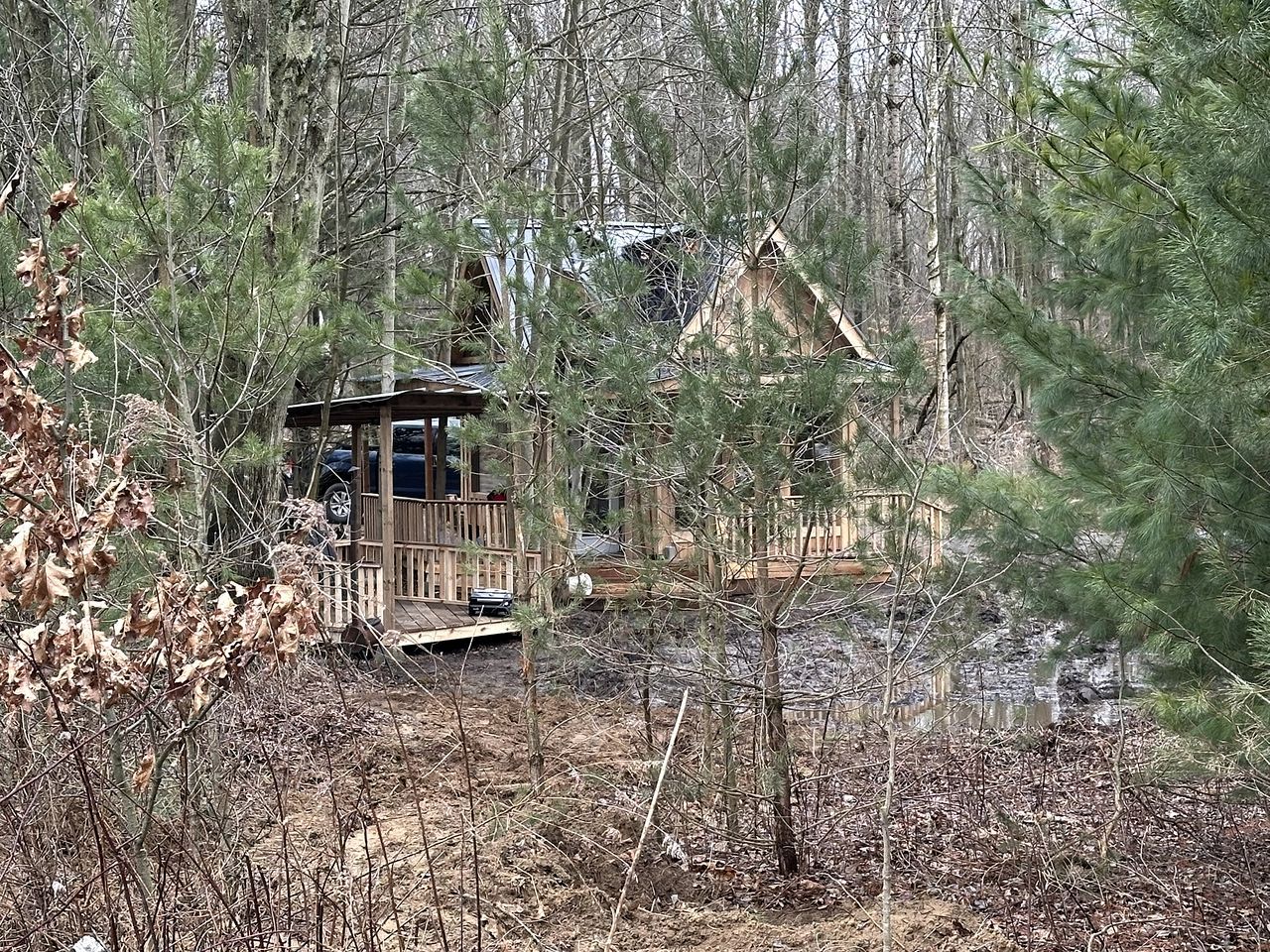 Une cabane dotée d’une terrasse, entourée d’arbres et bordée d’un petit ruisseau.