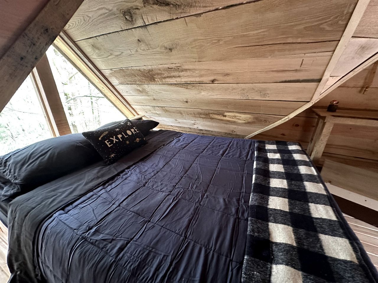 Une chambre à coucher avec un lit, un tapis à carreaux et un coussin orné d’un motif textuel.