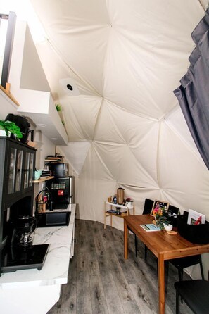 Fridge, stovetop, coffee/tea maker, cookware/dishes/utensils - Getaways to the Canadian Countryside in this Lovely Dome Rental in Nova Scotia (Antigonish)