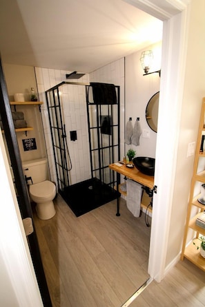 Une petite salle de bain comprenant un espace douche, des toilettes et un petit meuble-lavabo avec un miroir.