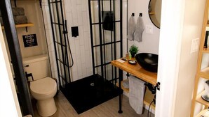 A compact bathroom with a shower enclosure, toilet, and a small vanity with a mirror.