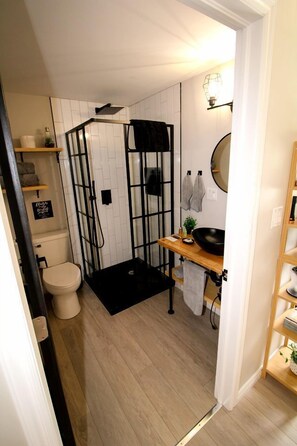 A compact bathroom with a shower enclosure, toilet, and a small vanity with a mirror. - Nova Scotia Dome with Private Hot Tub for Relaxing Retreats in Antigonish, Canada (Antigonish)