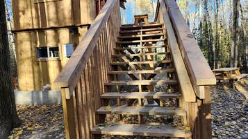 A wooden staircase leading to a cabin with a window, surrounded by trees and fallen leaves.