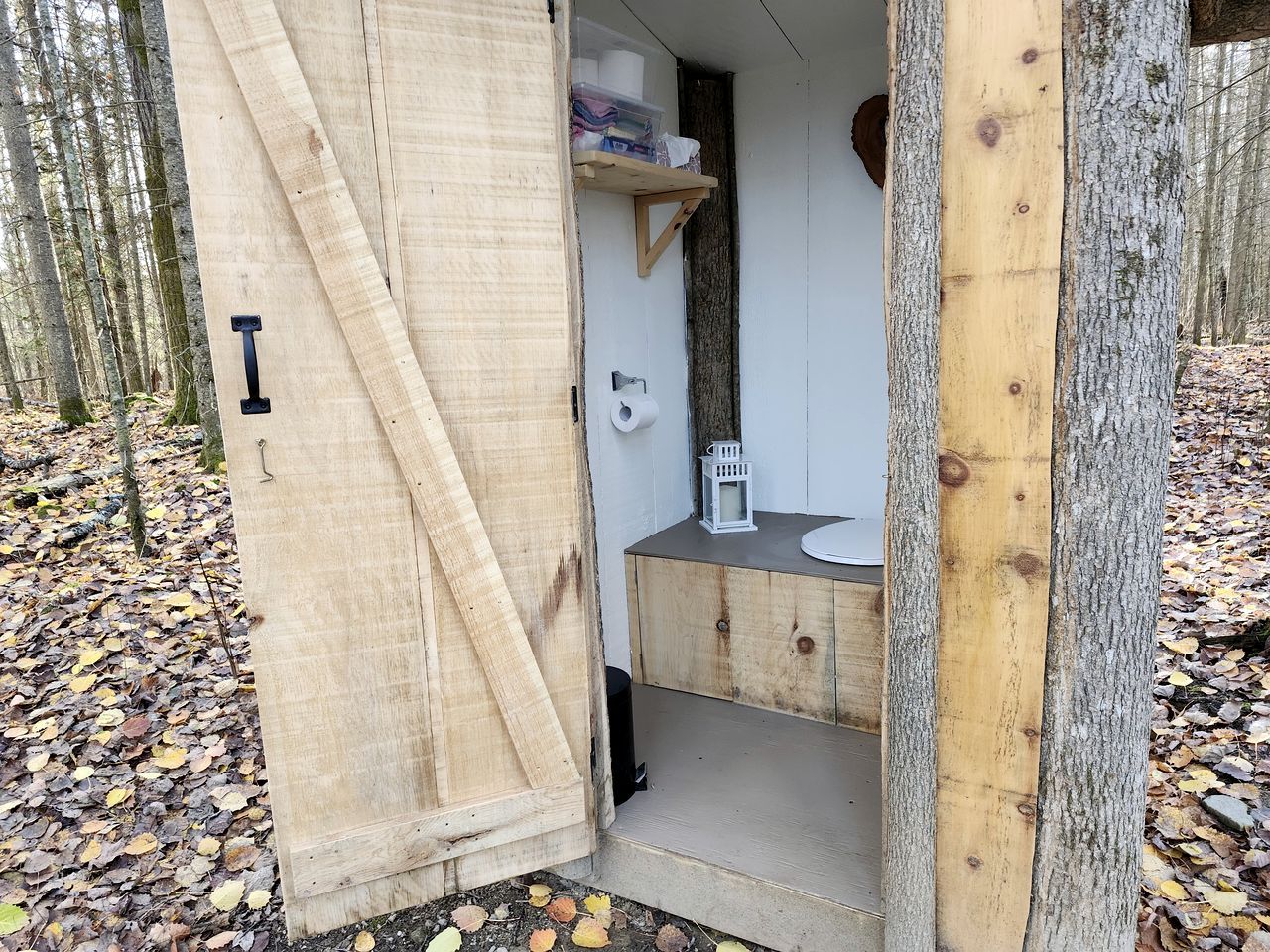 A wooden cabin with a door open, revealing a small bathroom with a toilet, sink, and shelf with toiletries.