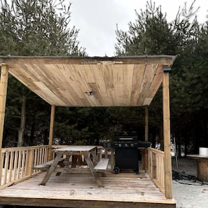 Une terrasse en bois avec une table de pique-nique et un espace barbecue, le tout entouré d’arbres.