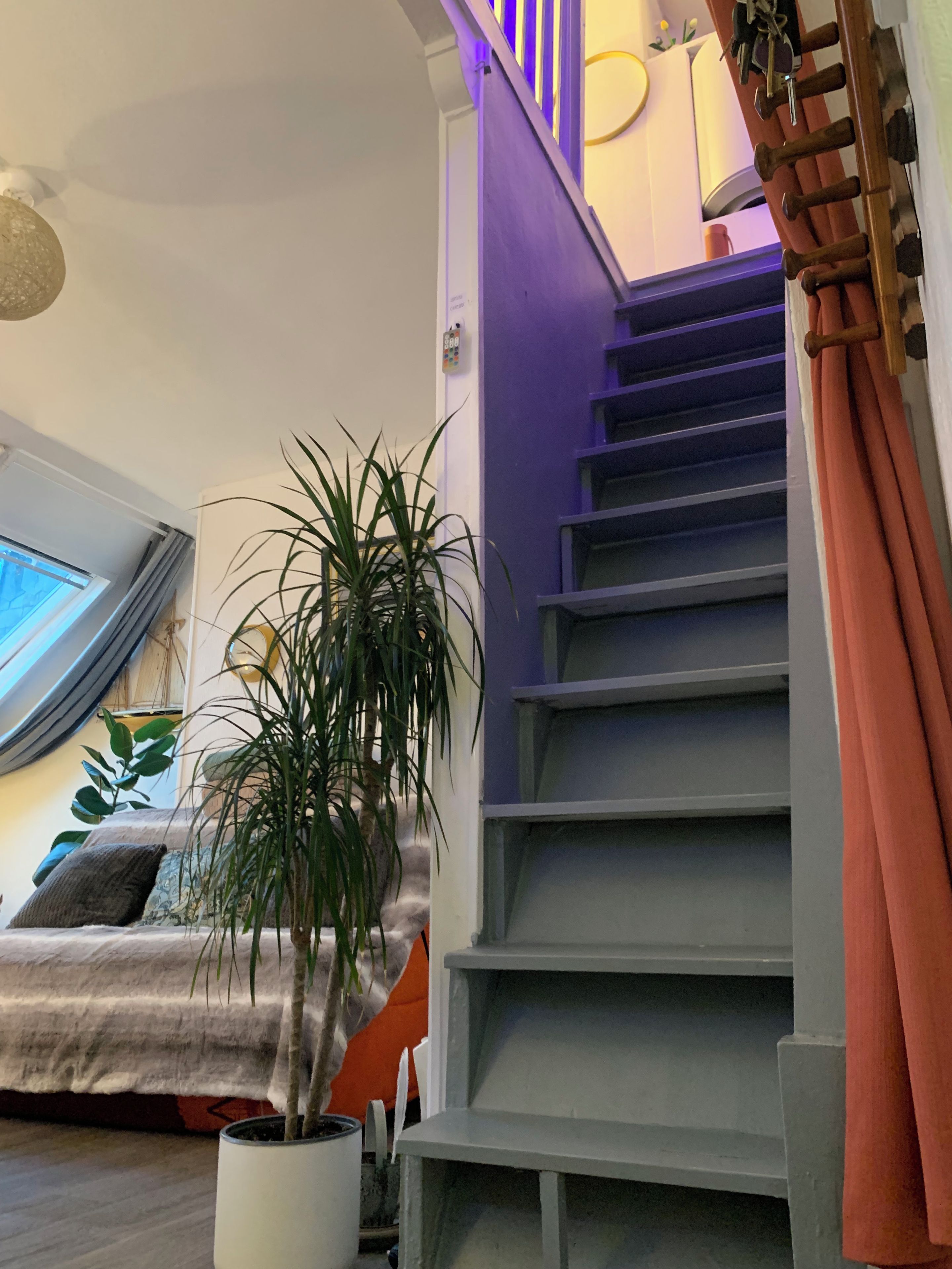 A staircase with a purple railing leading to a landing, a potted plant, and a bed with a white and orange blanket.