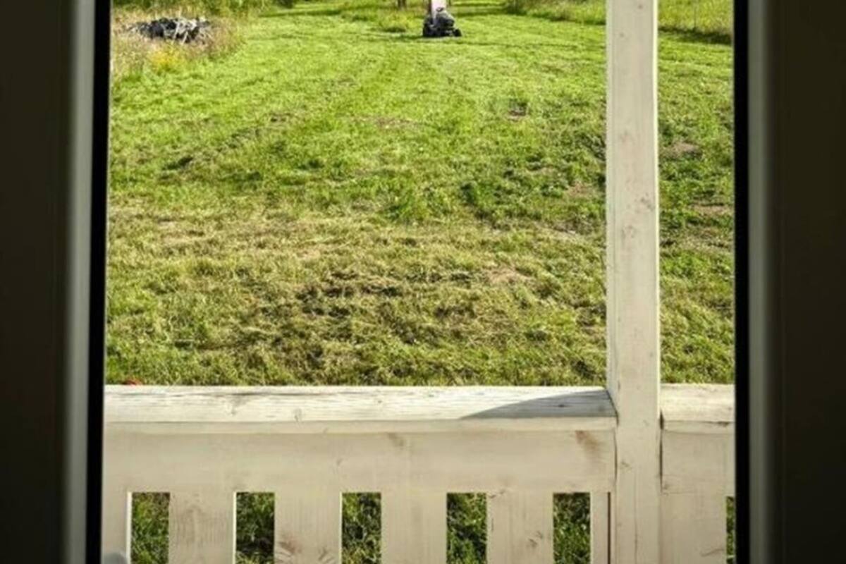 Une vue d’un champ verdoyant avec un tracteur et une vache, le tout encadré par une barrière blanche.