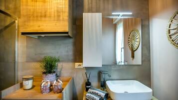 Shower, hair dryer, bidet, towels