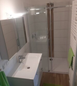 Shower, hair dryer, towels, soap