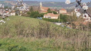 A rural landscape with a church, houses, and blooming trees. - NATURE & SERENITY GITE (Saint-Avit)