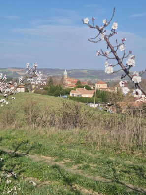 A rural landscape with a church, houses, and blooming trees. - NATURE & SERENITY GITE (Saint-Avit)