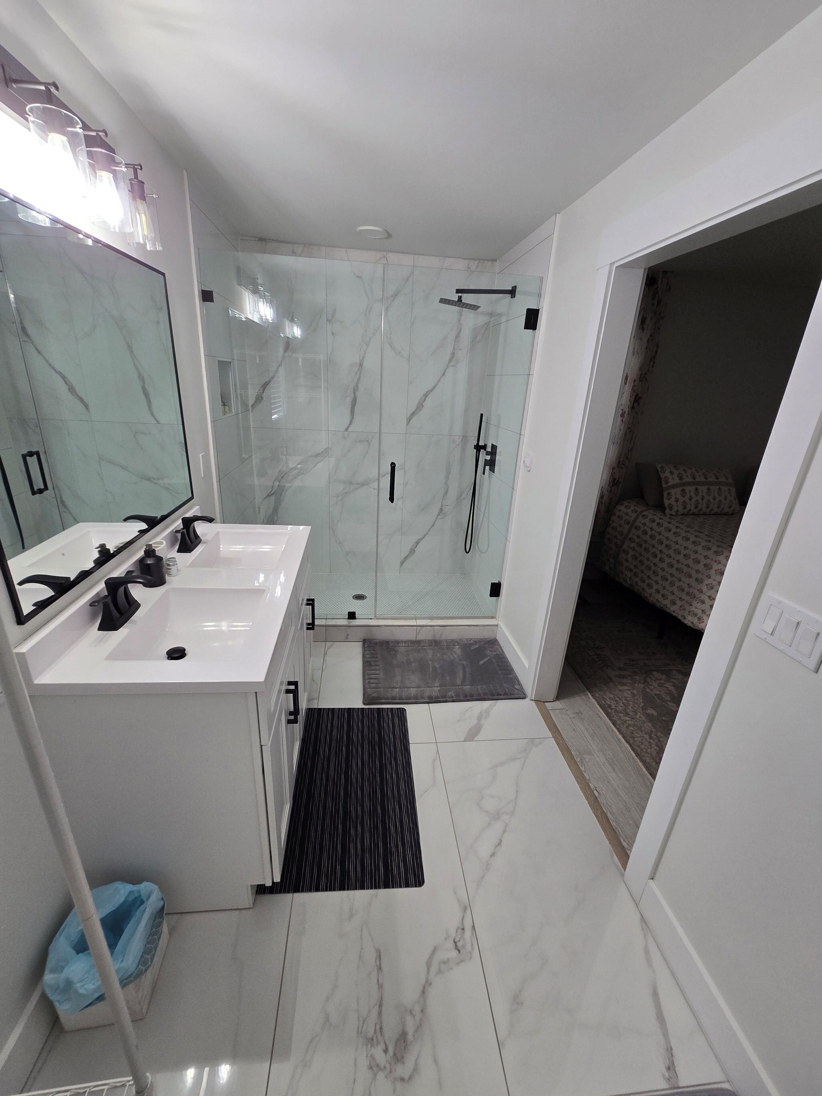 Hair dryer, towels, soap, toilet paper