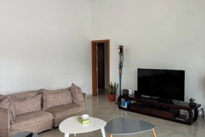 Een woonkamer met een bank, een bijzettafeltje, een tv op een houten dressoir en een plant in pot.