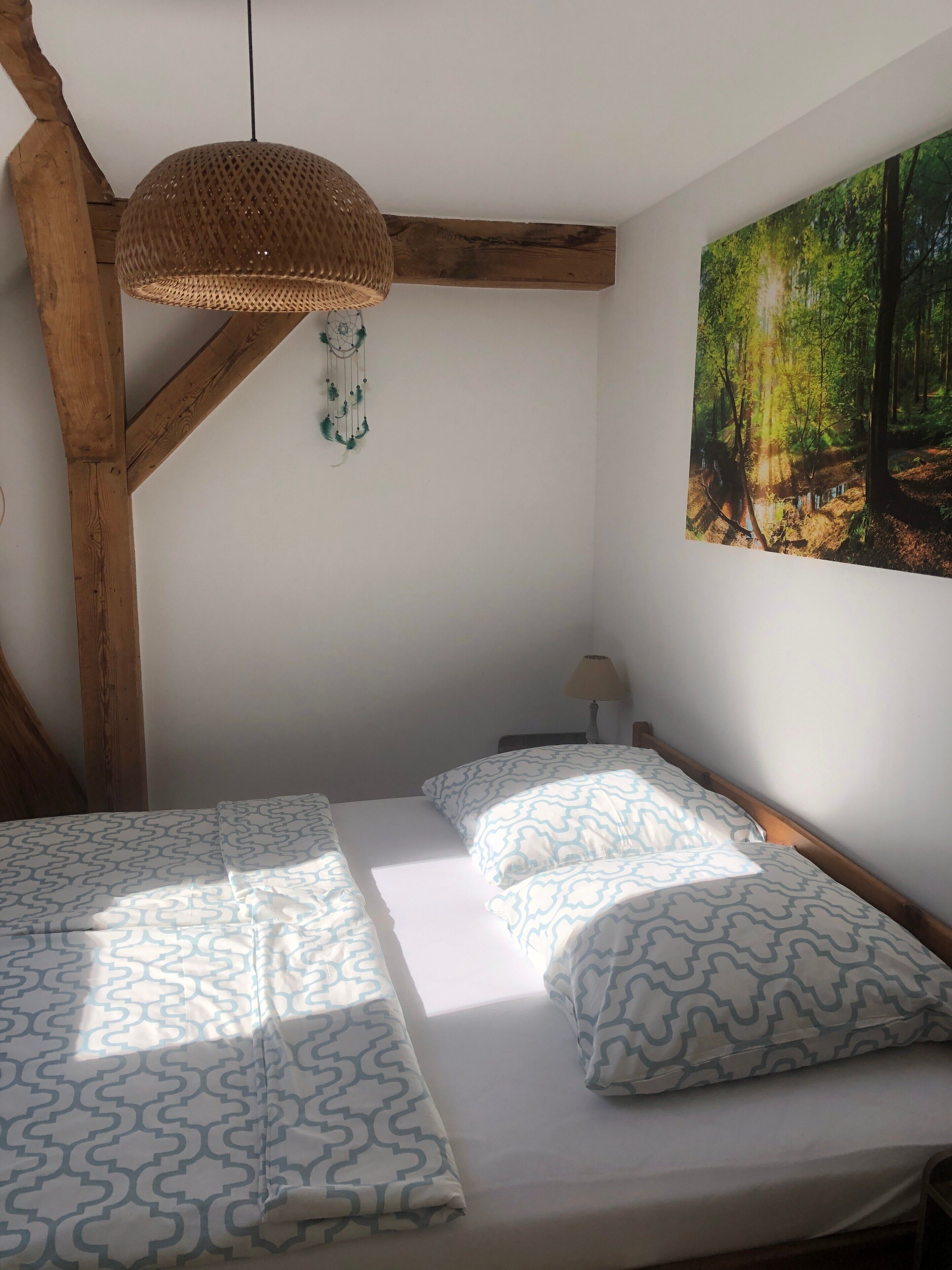 Ein Schlafzimmer mit zwei Betten, einer Pendelleuchte, einem Traumfänger und einem Wandbild mit Waldmotiv.