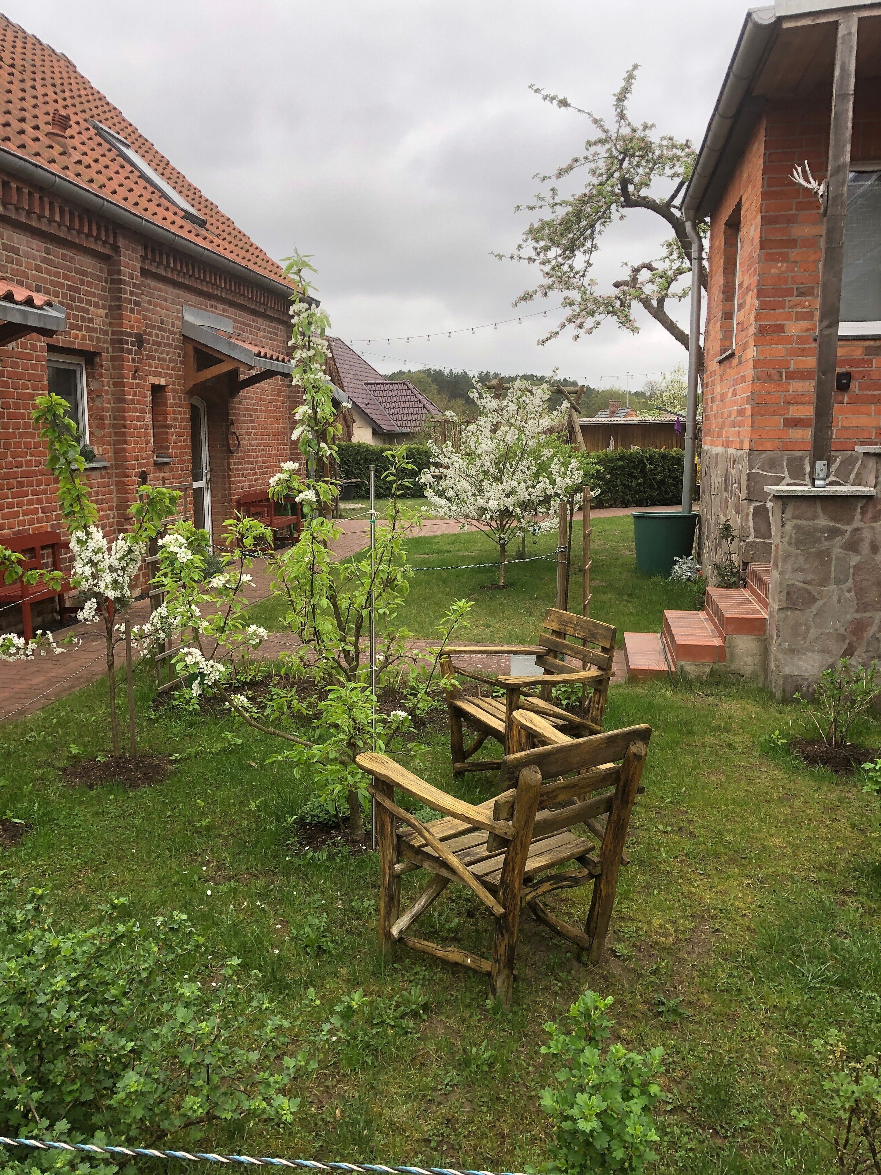 A brick building with a tiled roof, a wooden bench, and a small tree with white blossoms.