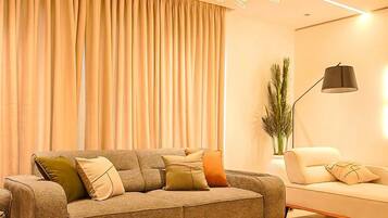 A modern living room with a sofa, a smaller couch, a patterned rug, and a plant.