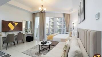 Luxury Studio, Balcony, City View | Laptop workspace, iron/ironing board, cots/infant beds, free WiFi