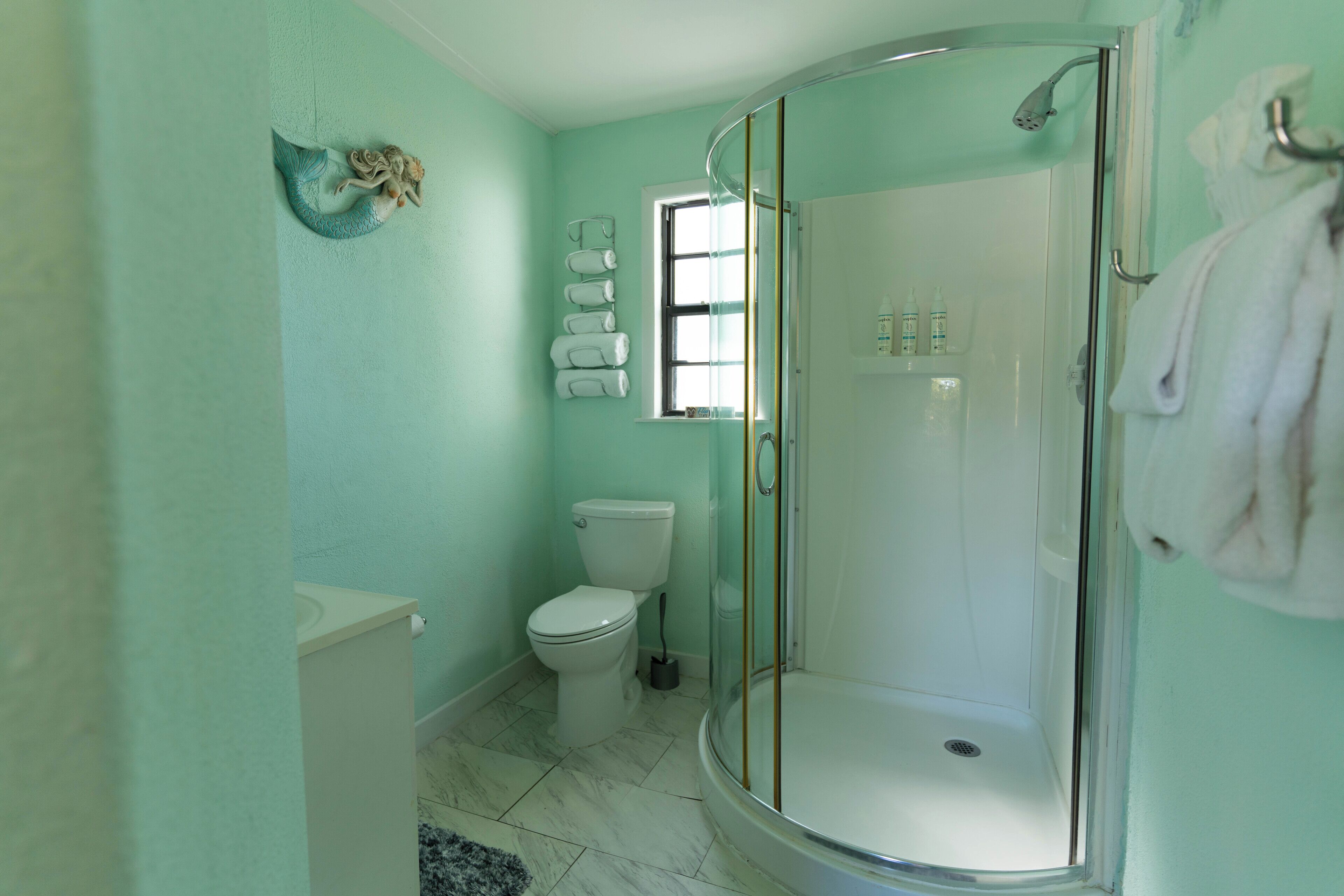 Une salle de bain avec une douche à parois de verre, des toilettes et un lavabo.
