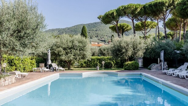 Una piscina con lettini, circondata da vegetazione e alberi, con vista su delle colline sullo sfondo.