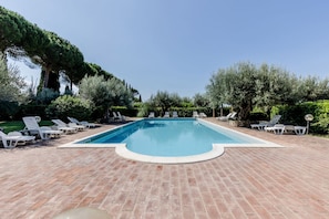 A rectangular swimming pool with a brick deck, surrounded by white lounge chairs and trees. - GuestHost - Cozy 50m2 apartment equipped with all comforts, ideal for two people, located on the second floor of a renovated farmhouse (stairs to access it).The accommodation is located inside a former oil mill and offers its guests many shared services: (Passignano sul Trasimeno)