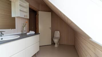 Een kleine badkamer met een schuin dak, een witte wastafel, spiegel en toilet.
