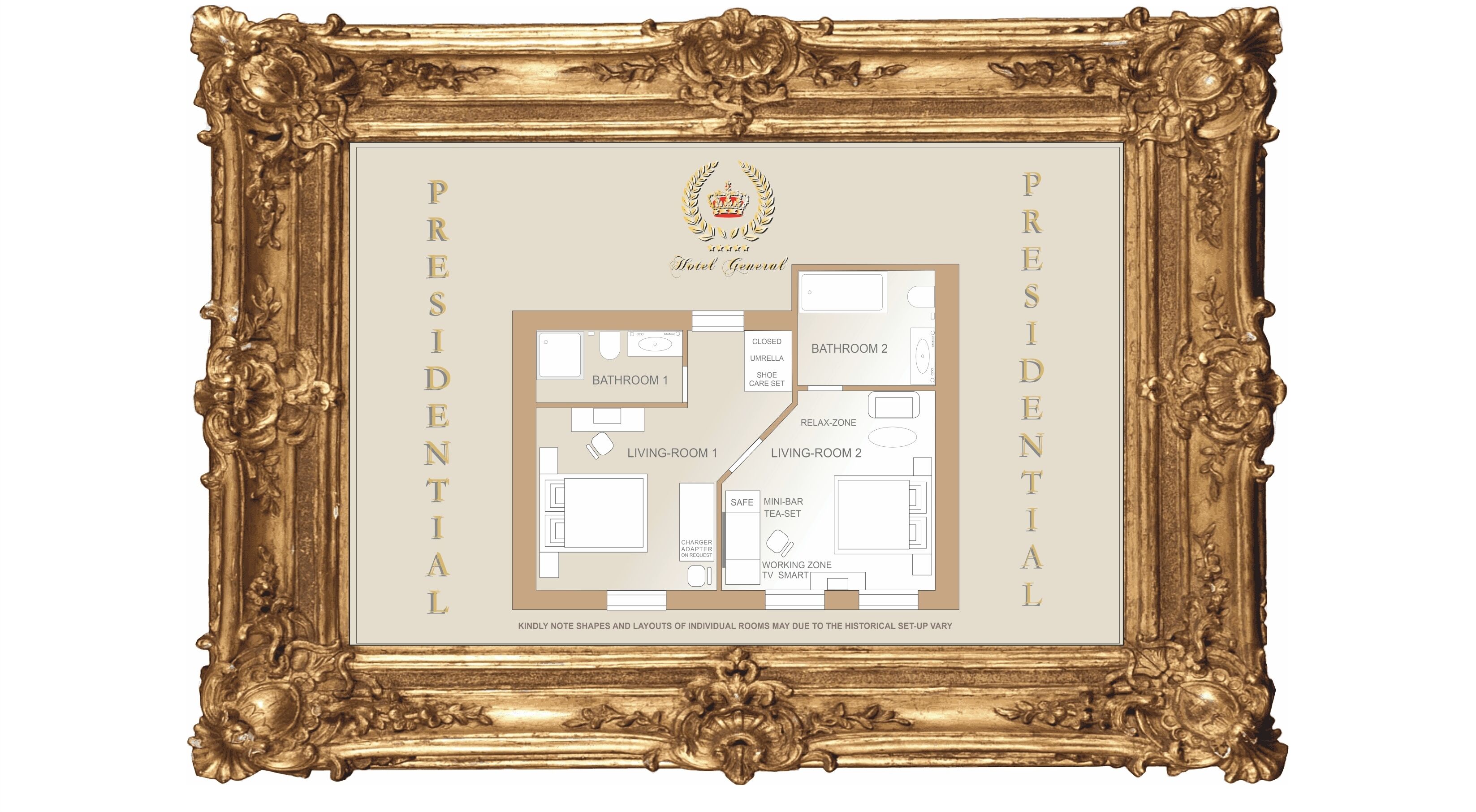 Distribución de un hotel que incluye dos salas de estar, dos baños, un minibar, juego de té y una caja fuerte.