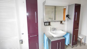 Douche, séchoir à cheveux, serviettes fournies