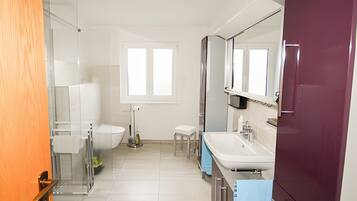 Regadera, secadora de cabello, toallas