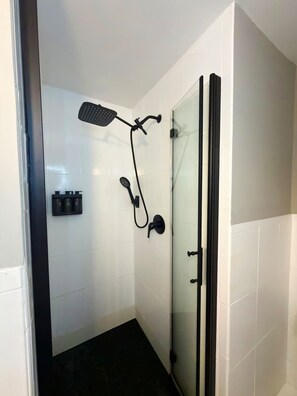 Dusche, Haartrockner, Handtücher, Shampoo