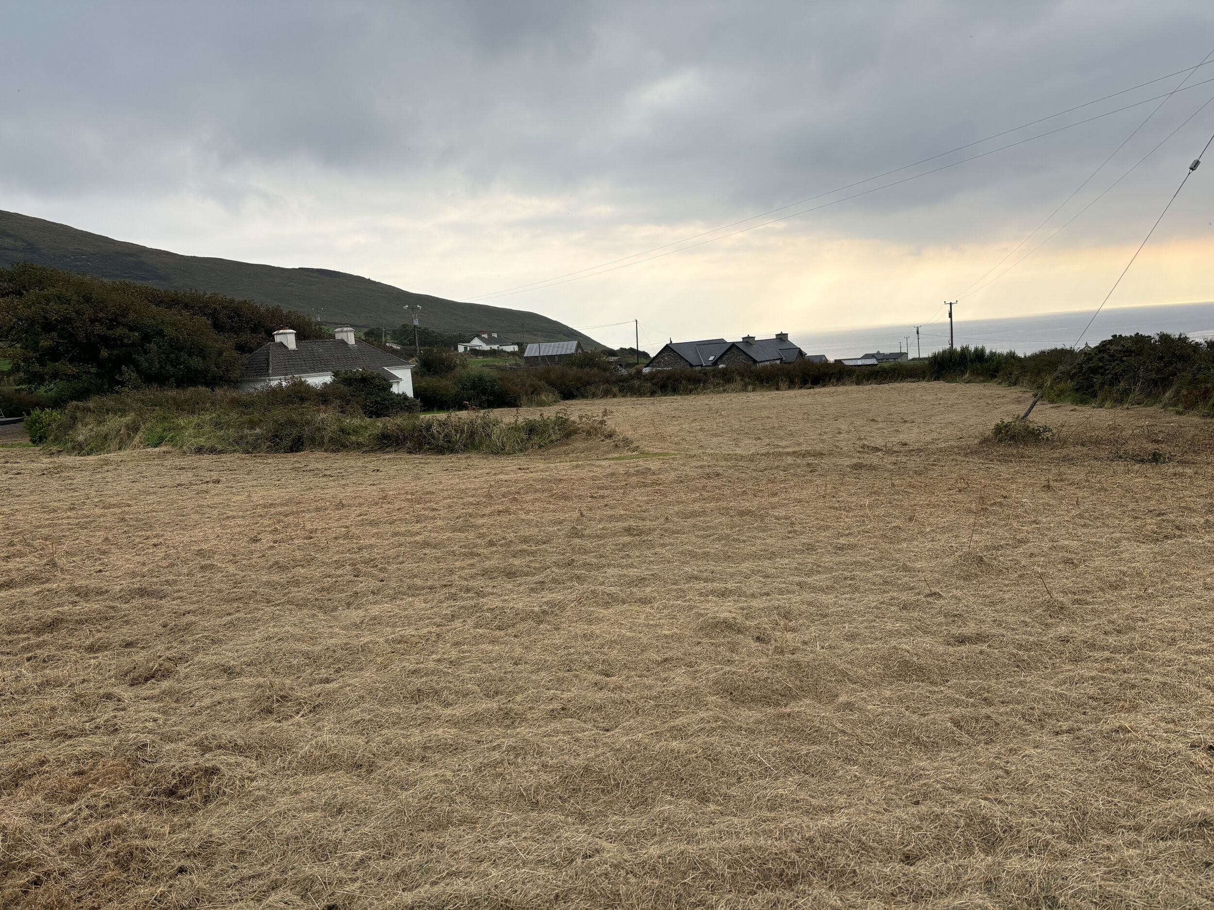 A rural landscape with houses, a hill, and a field.