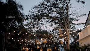 A tree with string lights and hanging lamps. - The Manor (Colombo)