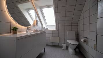 Ein modernes, kompaktes Badezimmer mit Oberlicht, großem Spiegel und weißem Waschbecken.