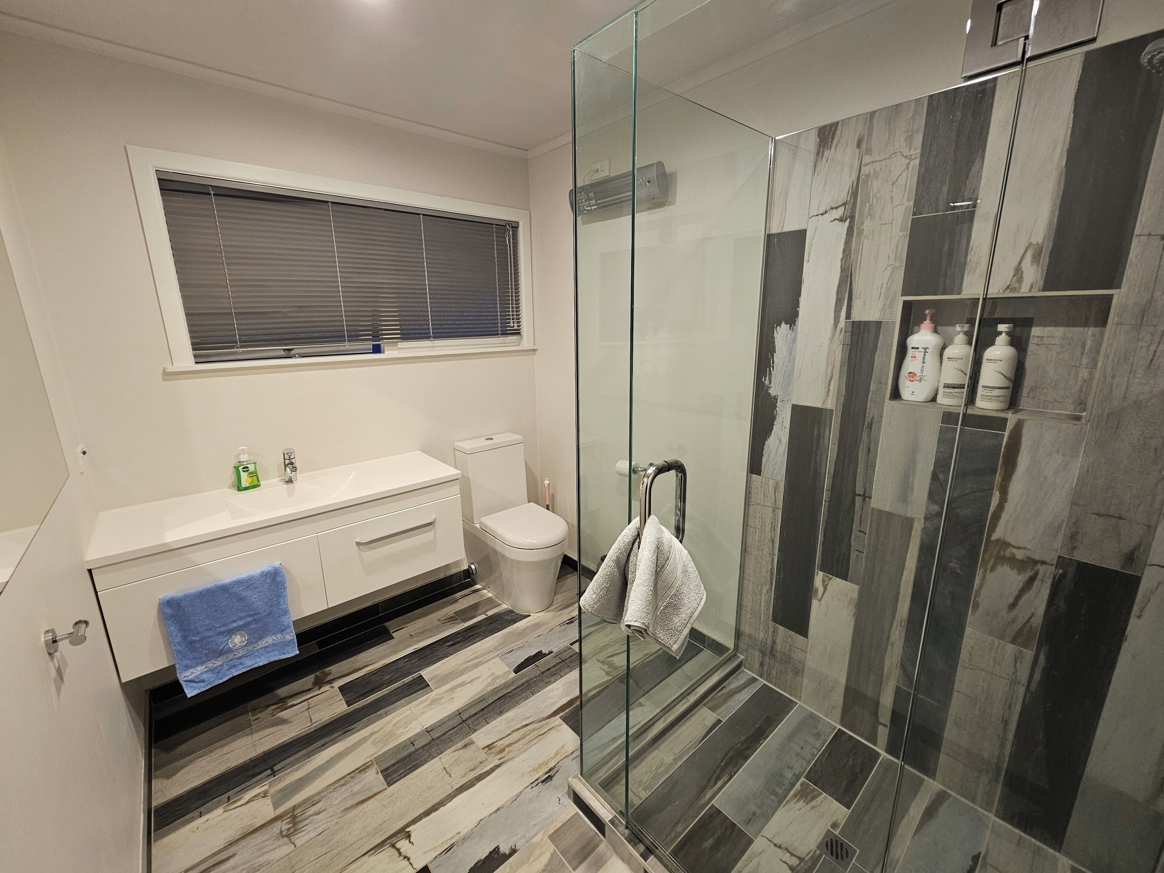 Hair dryer, towels, soap, toilet paper