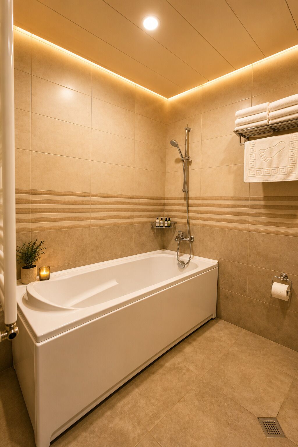 Un baño moderno con bañera, ducha y perchero.