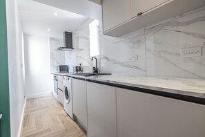 Luxury Apartment, 1 King Bed, Balcony, City View | Private kitchen | Fridge, microwave, oven, stovetop