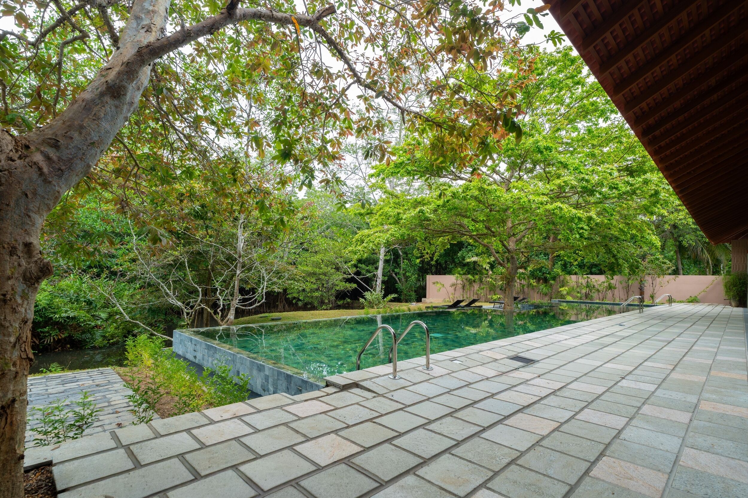 Una piscina con terraza de piedra, rodeada de vegetación exuberante y árboles.