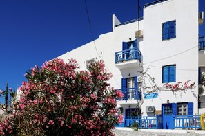 Ein weißes Gebäude mit blauen Fensterläden und einem Balkon, ein blühender rosa Busch im Vordergrund und ein klarer, blauer Himmel.