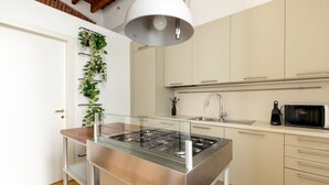 A modern kitchen with a gas stove, stainless steel cabinets, a microwave, and a hanging plant. - BDC - NoLo Industrial Loft 2Bath (Milan)