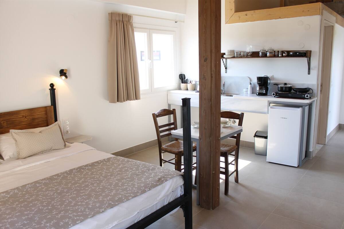Une chambre avec un lit, un bureau et un coin cuisine.