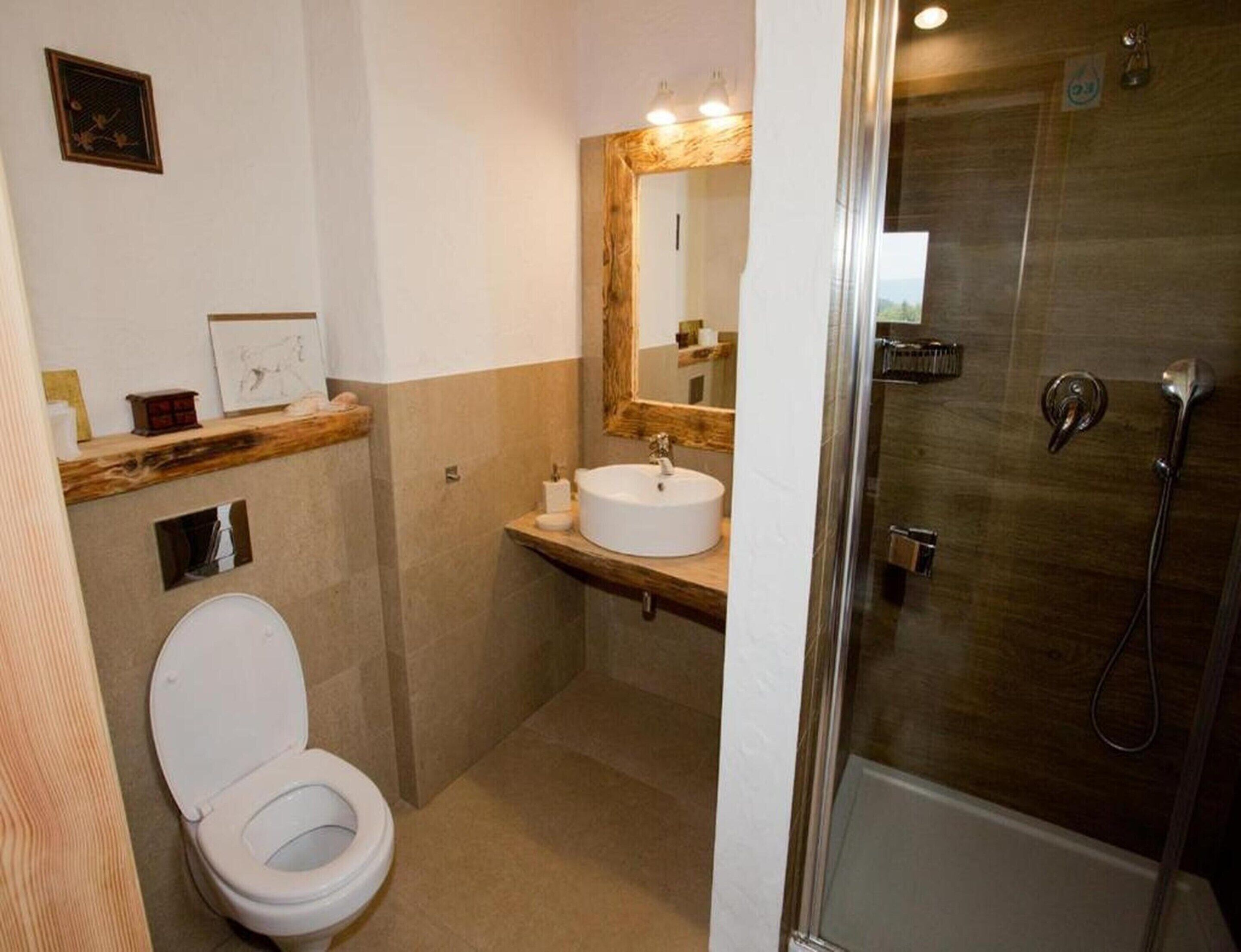 A bathroom with a toilet, sink, and shower.