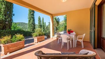 A covered patio with a table and chairs, potted plants, and a view of the surrounding landscape.