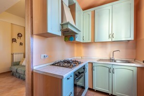 Una cocina compacta con estufa a gas, horno y pileta.