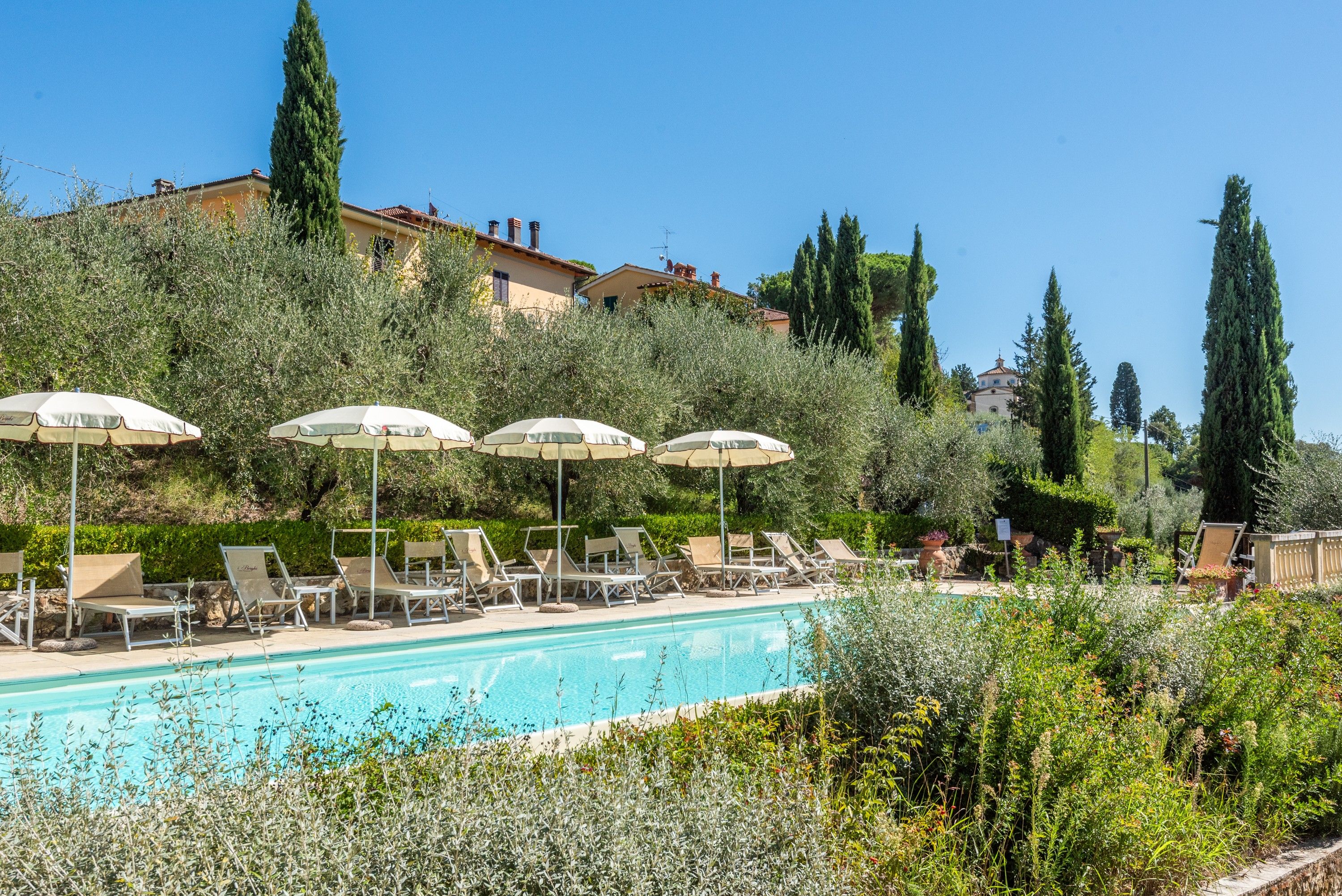 A pool area with lounge chairs and umbrellas, surrounded by greenery and buildings in the background.